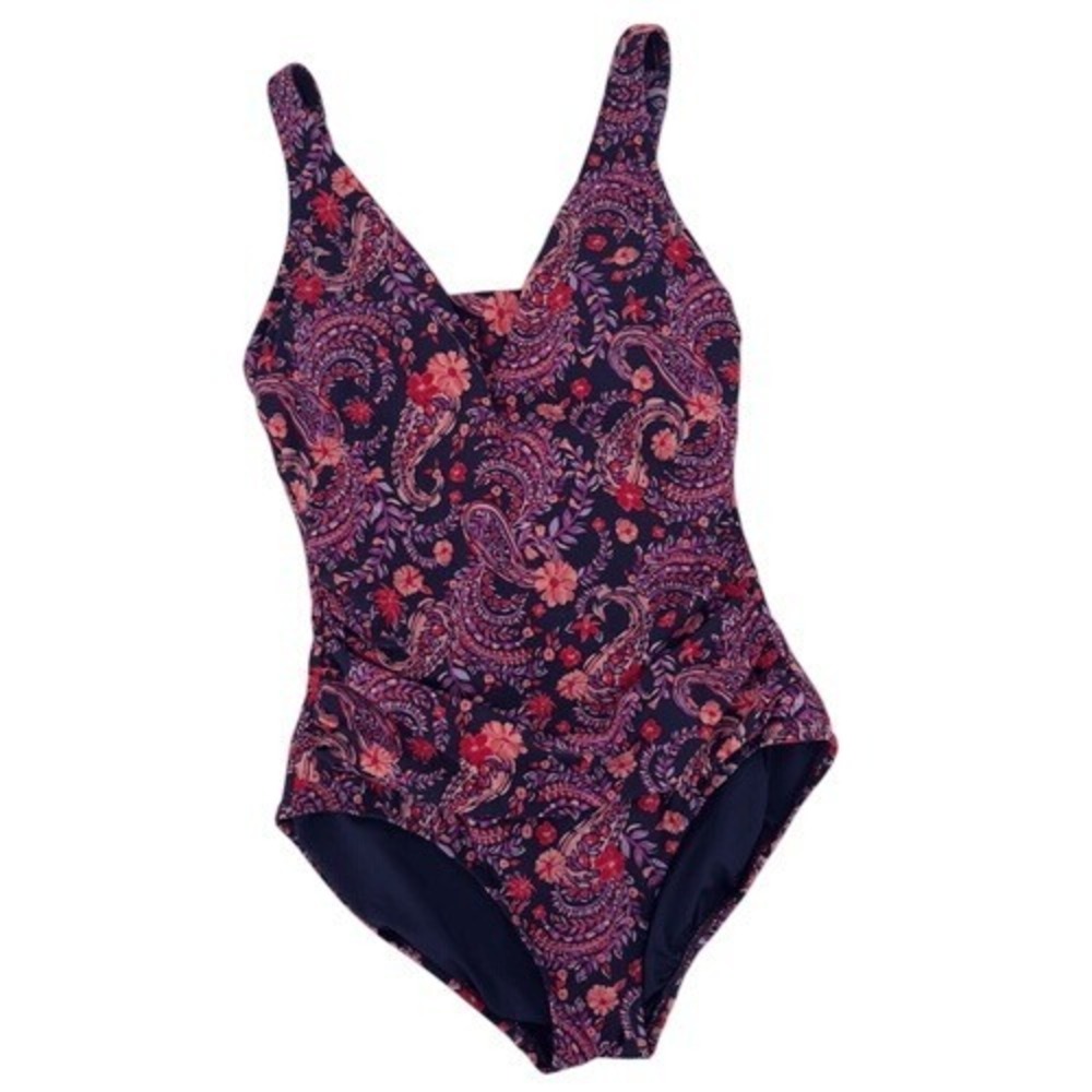 Lands' End Navy Pink Floral Ruched One-Piece Swimsuit L